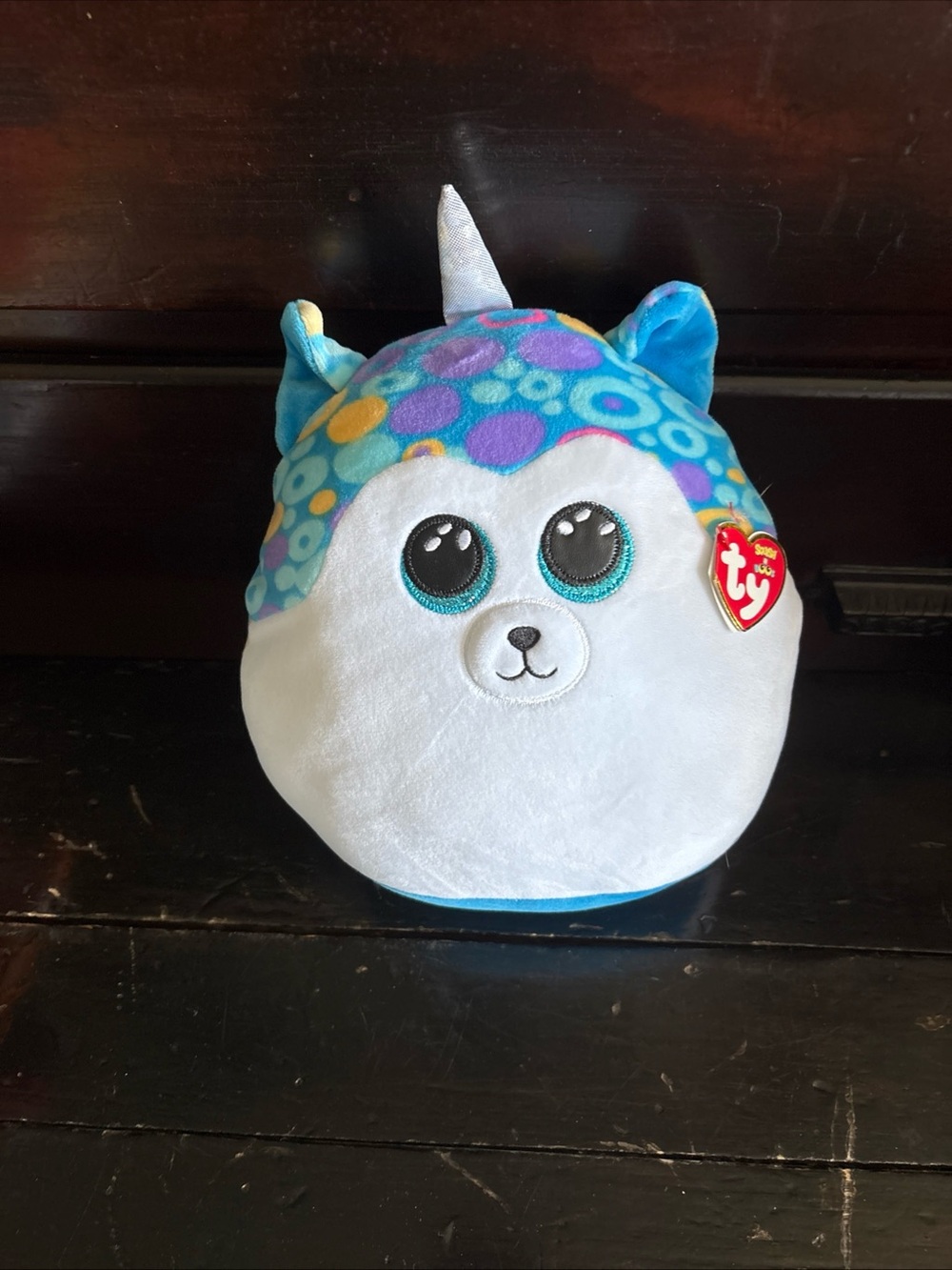 TY Squish a Boo Helena Dog Blue & White Unicorn Plush
